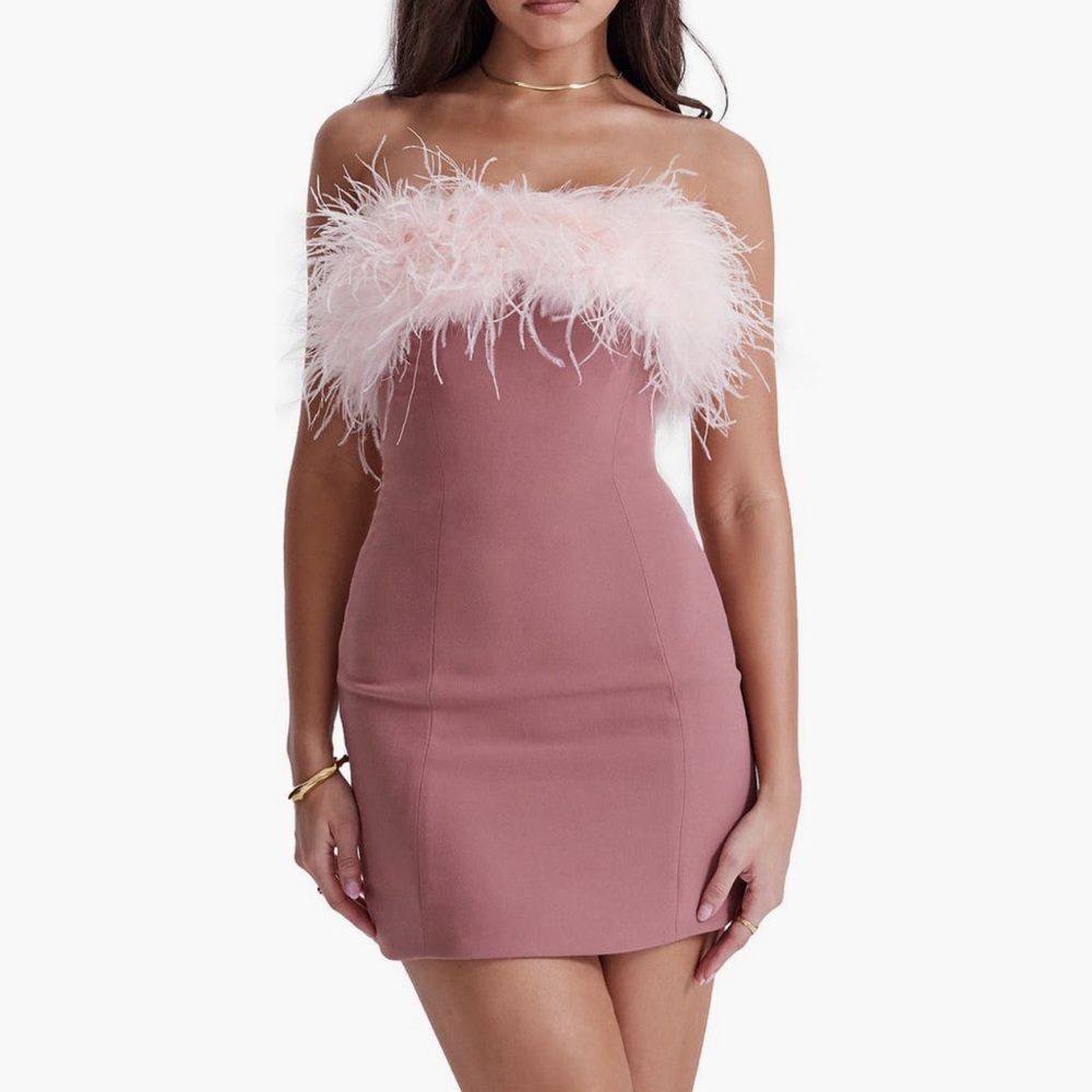 House of CB Strapless Pink Feather Dress